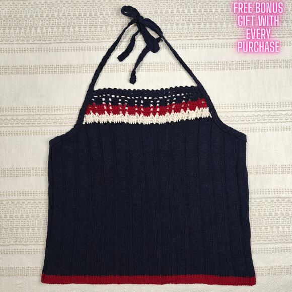 Prince & Fox Navy Red Sweater Tank Top Size XL New Knit Ribbed Halter USA Look - Picture 1 of 5